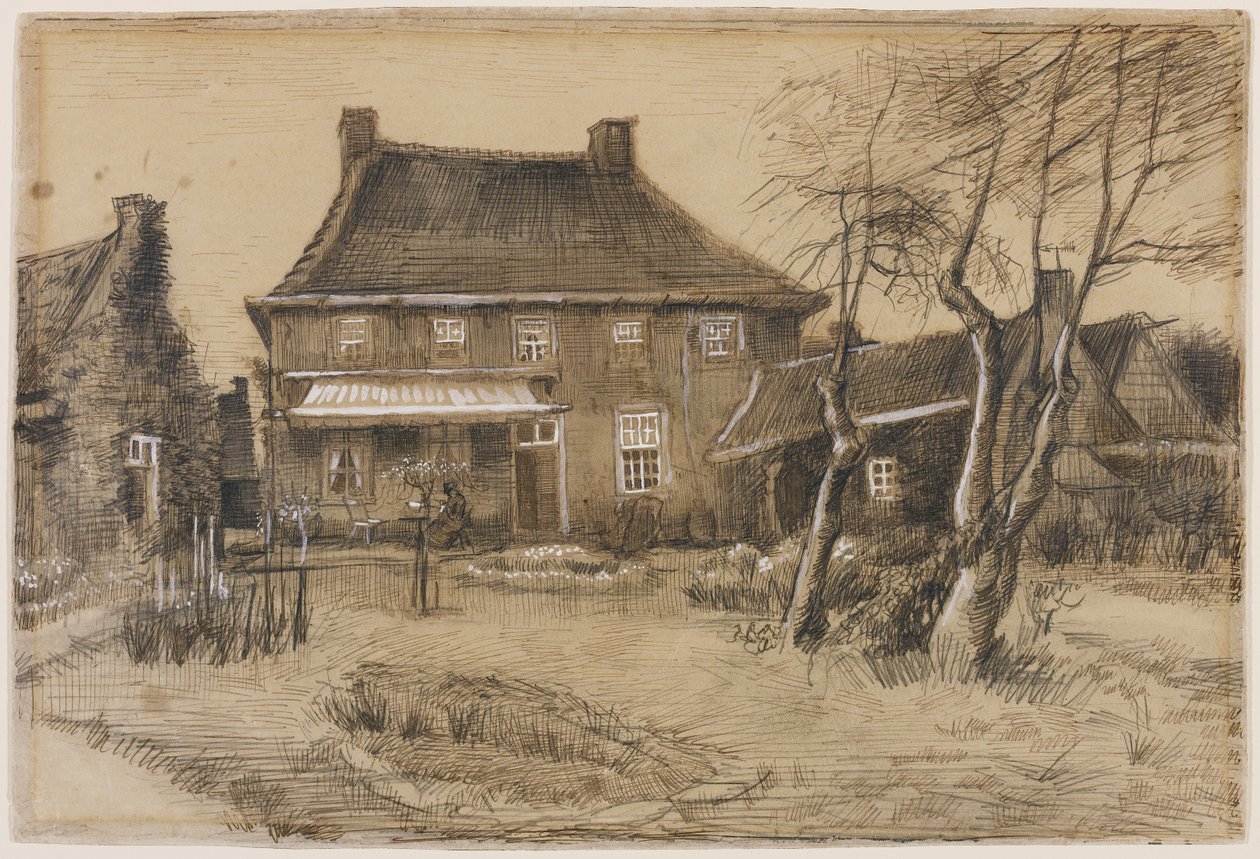 De pastorie in Neunen: gezien vanaf de achterkant, met het atelier van de kunstenaar aan de rechterkant, ca. 1884 door Vincent van Gogh