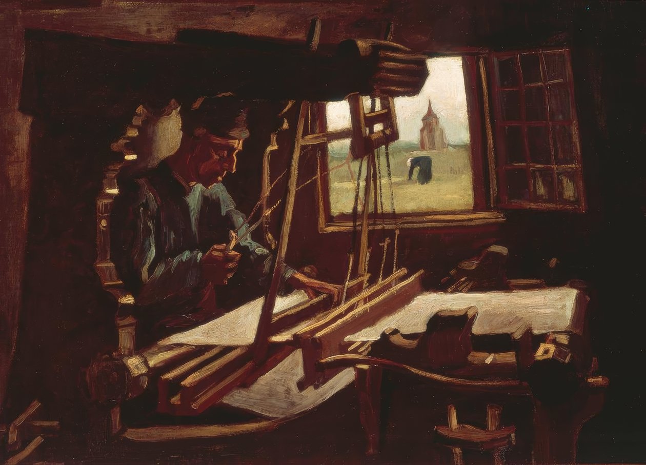 Wever voor open raam met uitzicht op de toren van Nuenen door Vincent van Gogh
