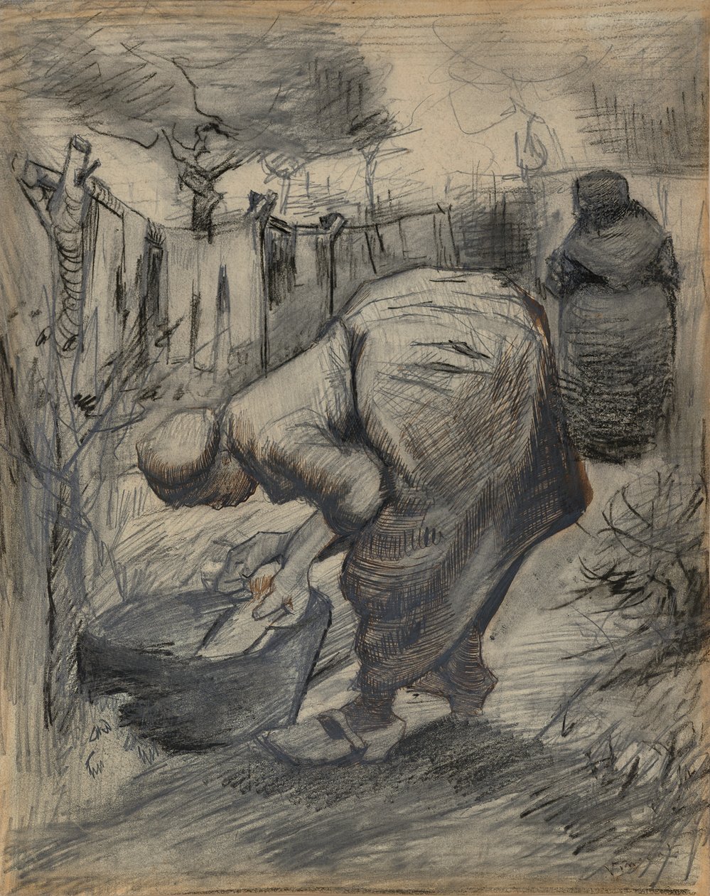 Vrouw bij de wastobbe, in een tuin door Vincent van Gogh