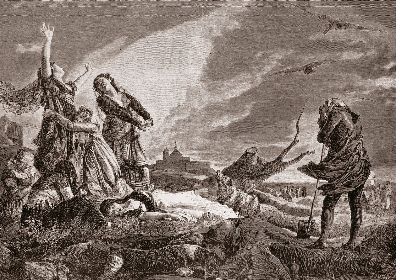 Spaanse Onafhankelijkheidsoorlog (1808-1814). Begrafenis in La Moncloa, Madrid op 3 mei. door Vincente Gonzalez Palmaroli