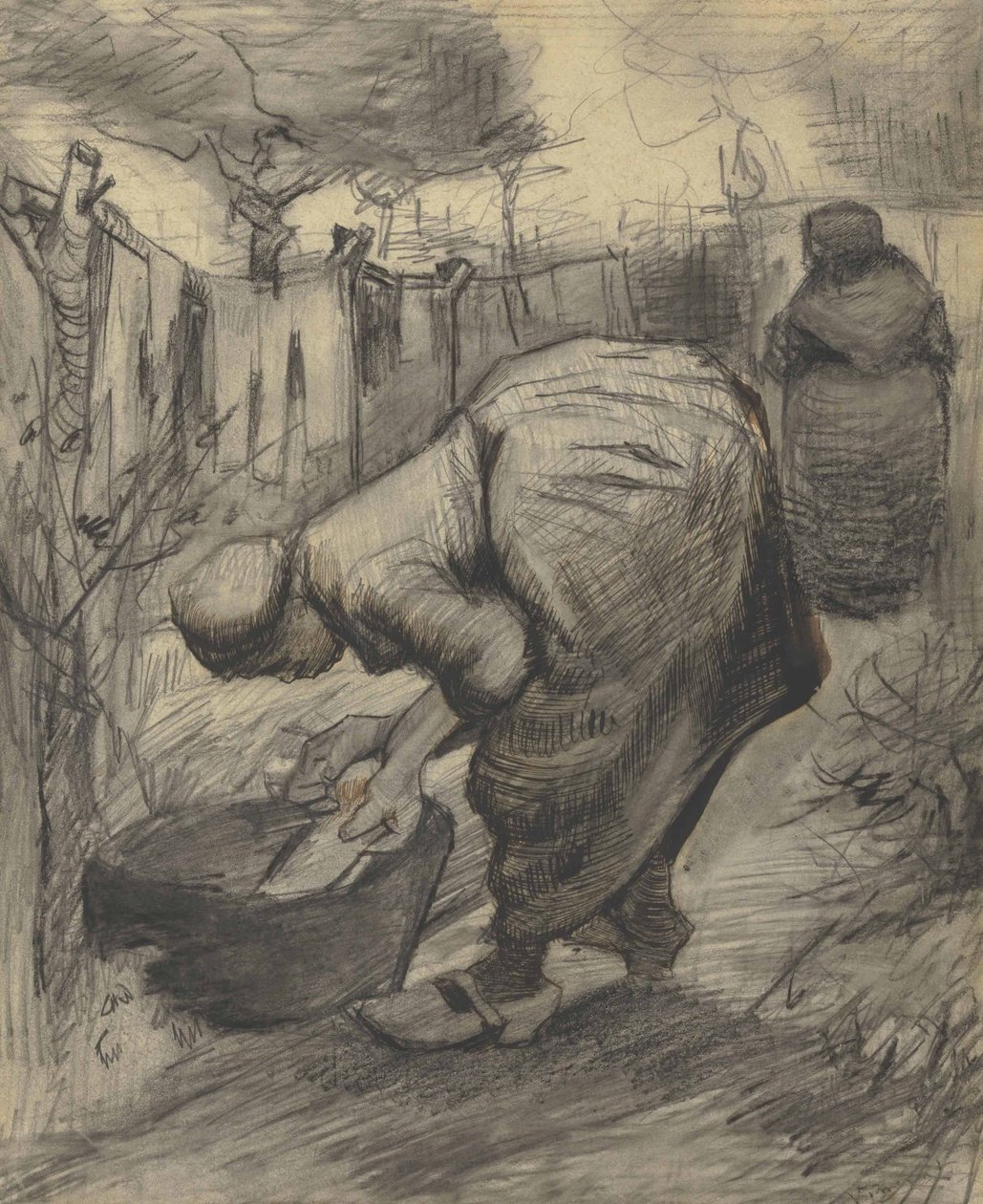 Boerin bij een bassin in een tuin (1885) door Vincent van Gogh