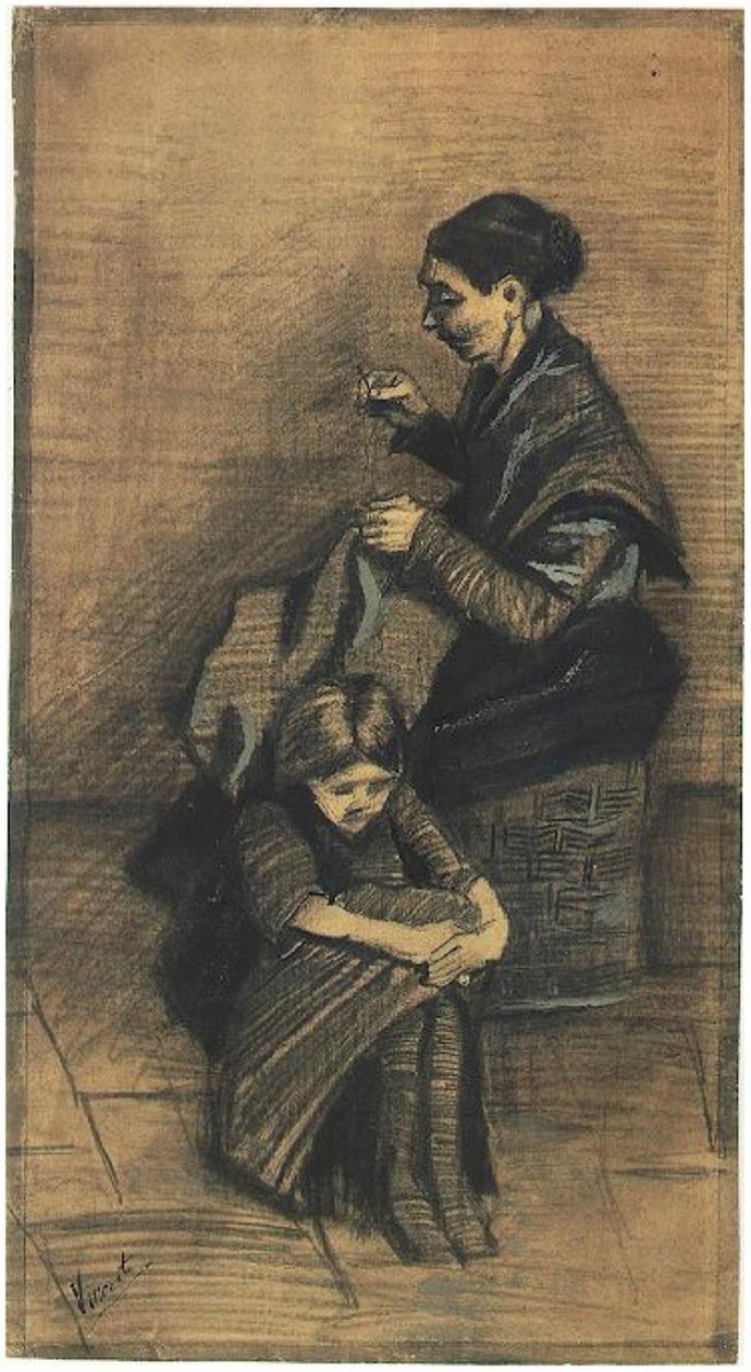 Sien, zittend op een mand, met een meisje F1072 Vincent van Gogh door Vincent van Gogh