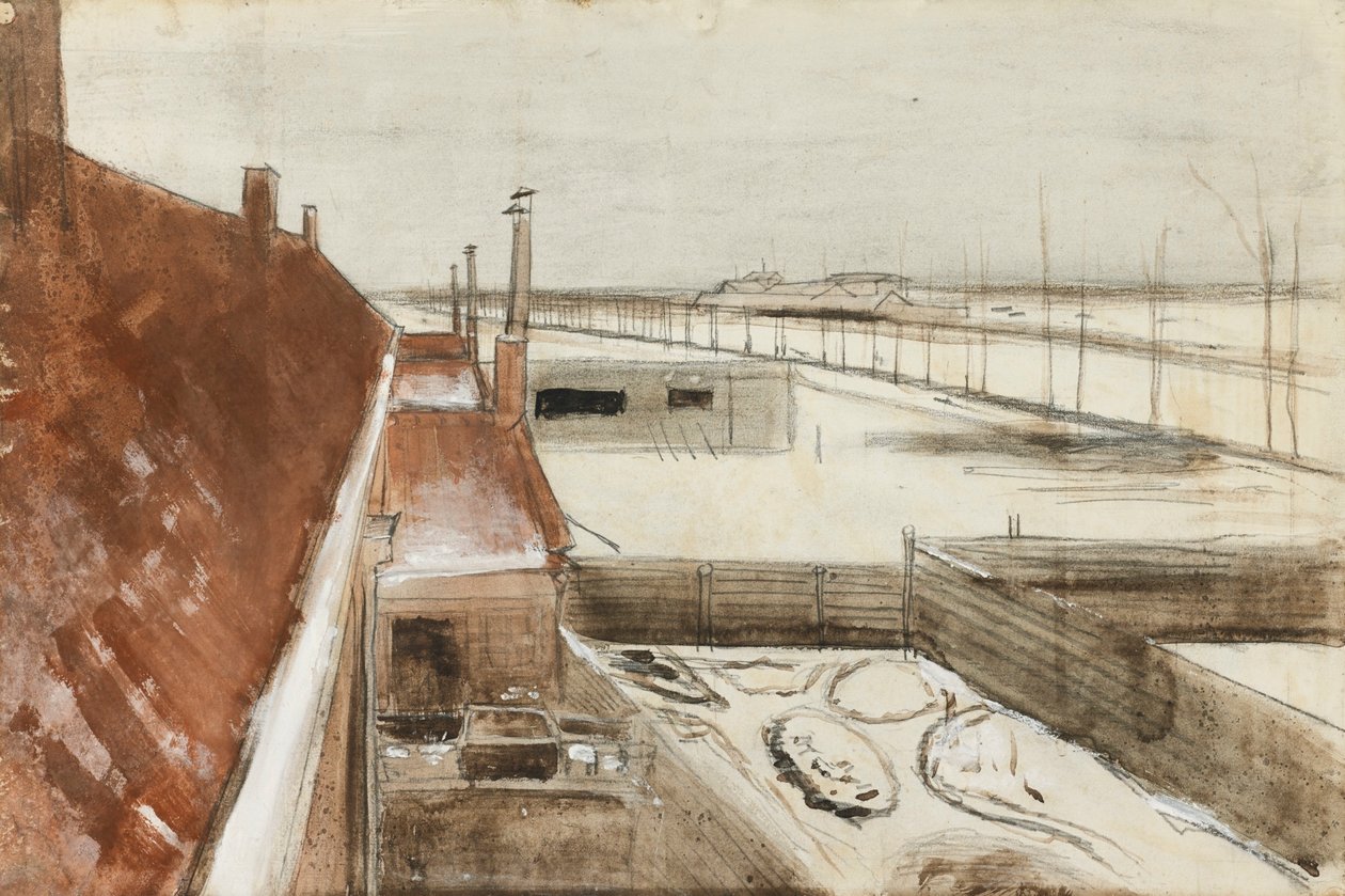 Uitzicht vanuit het raam van Vincents atelier in de winter II (1883) door Vincent van Gogh