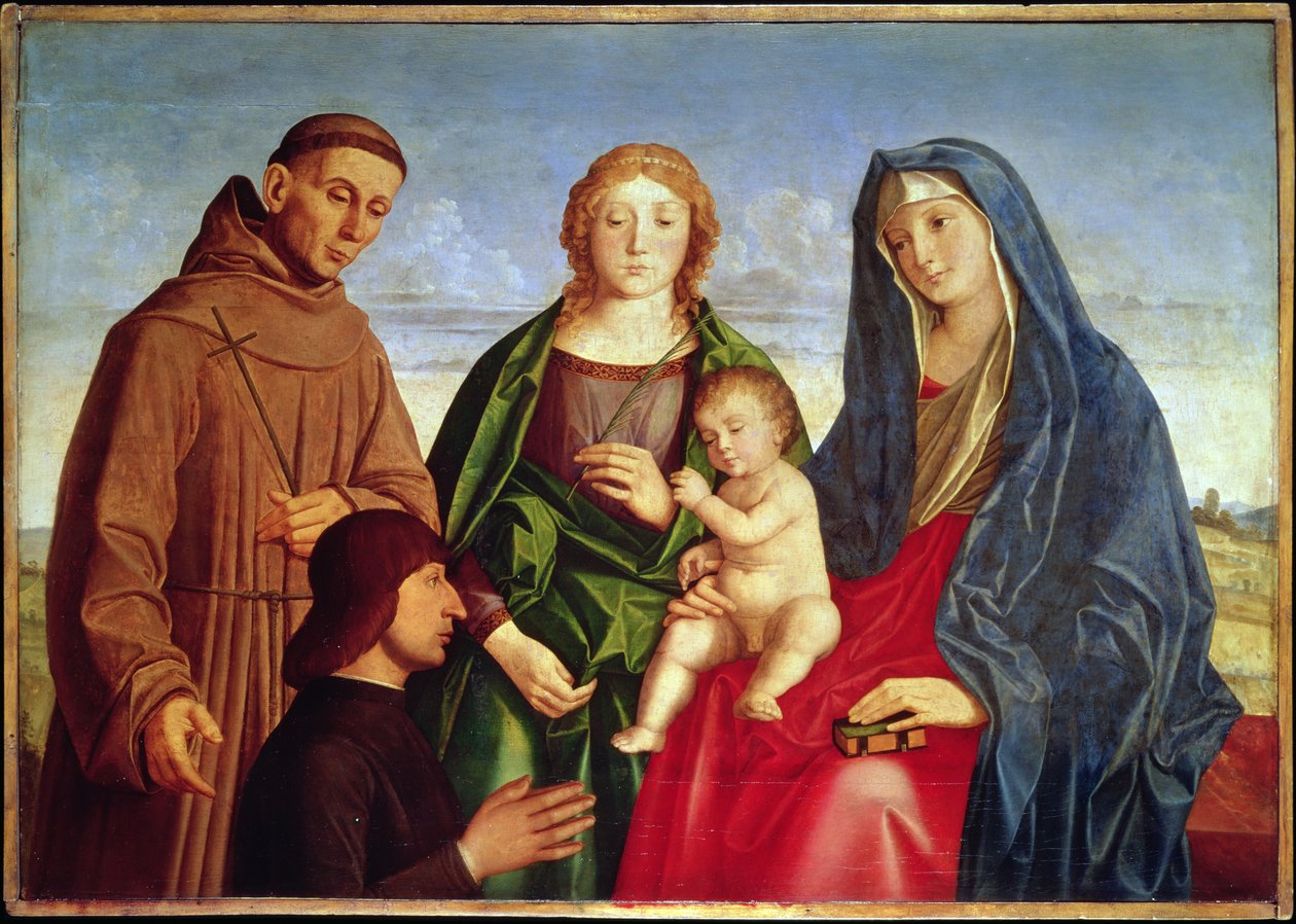 De Maagd en het Kind met St. Franciscus, een vrouwelijke heilige en schenker door Vincenzo di Biagio Catena