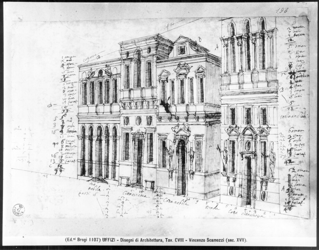 Tekening van de gevel van de Galleria degli Uffizi, ontworpen door Giorgio Vasari en voltooid door Bernardo Buontalenti en Alfonso Parigi in 1580 door Vincenzo Scamozzi