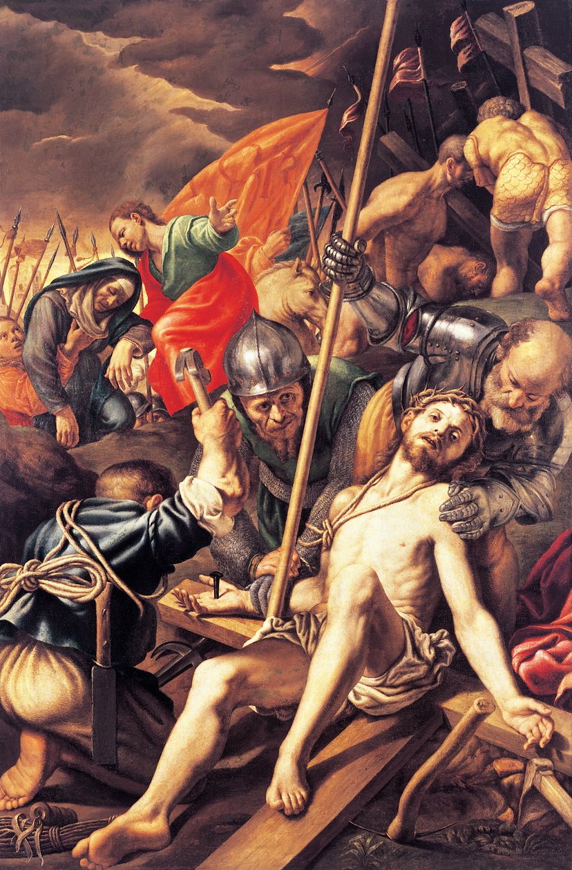 Christus wordt aan het kruis genageld door Vincenzo Campi