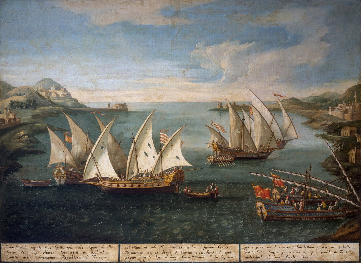Zeeslag tussen Venetiaanse schepen van Marco Ivanovich Dobrota en Turkse schepen bij Patras op 17 april door Vincenzo Chilone