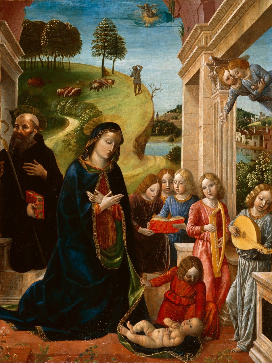 Aanbidding van het kind met St. Benedictus en engelen, c.1478 door Vincenzo Foppa