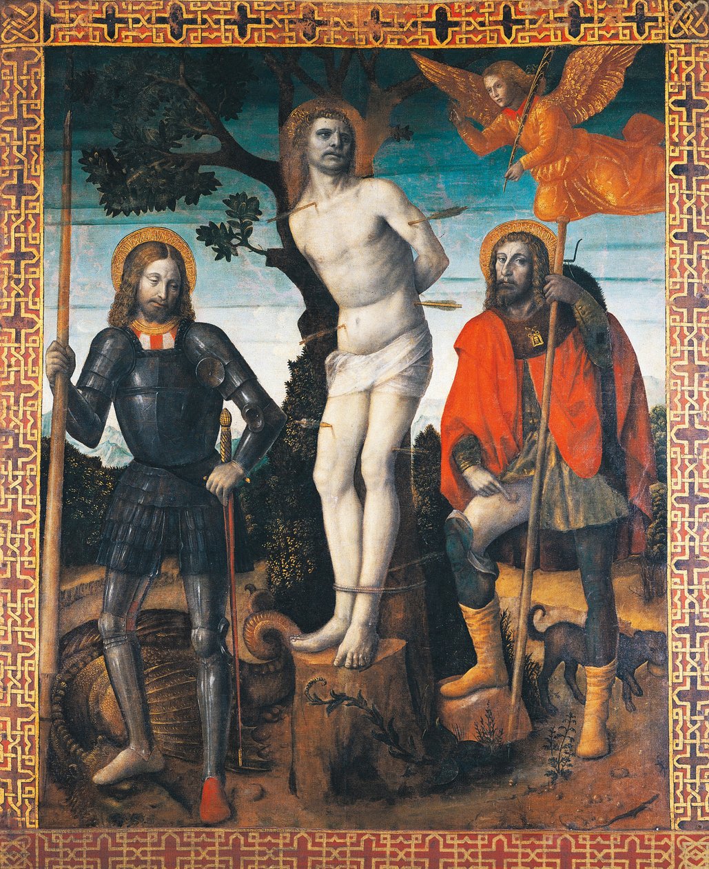 Sint-Sebastiaan, Sint-Rochus en Sint-Giorgio, keerzijde van de processievlag van Orzinuovi, door Vincenzo Foppa, schilderij op doek door Vincenzo Foppa