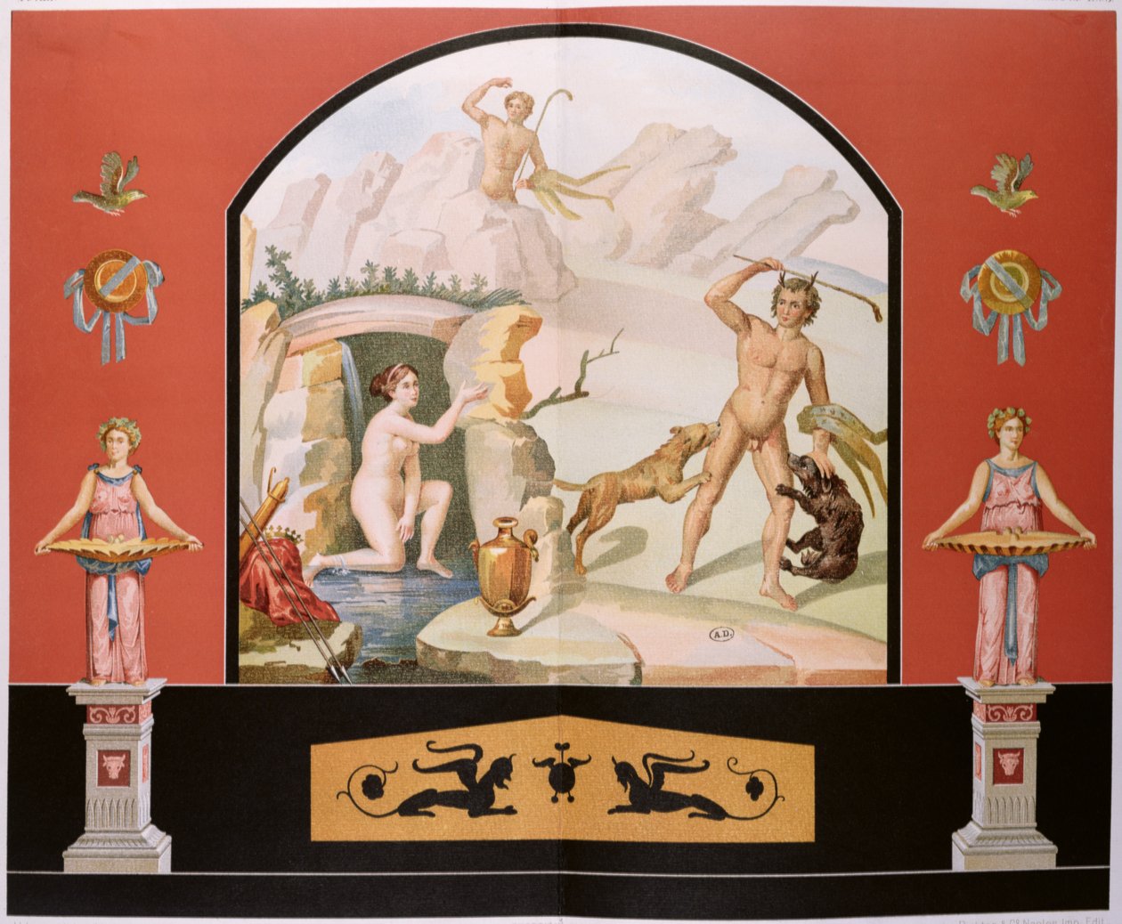 Actaeon ontdekt de godin Diana bij haar bad, reconstructie van een fresco in het Huis van Sallust in Pompeii door Vincenzo Loria