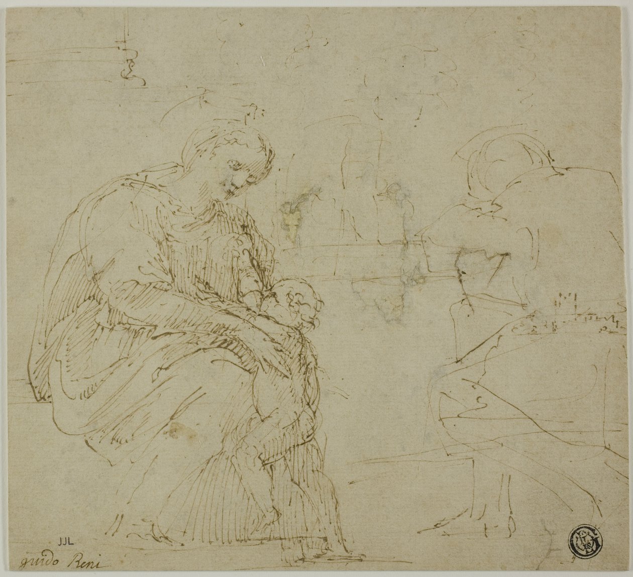 Schetsen van Maagd en Kind, zittende figuur en landschap door Vincenzo Tamagni