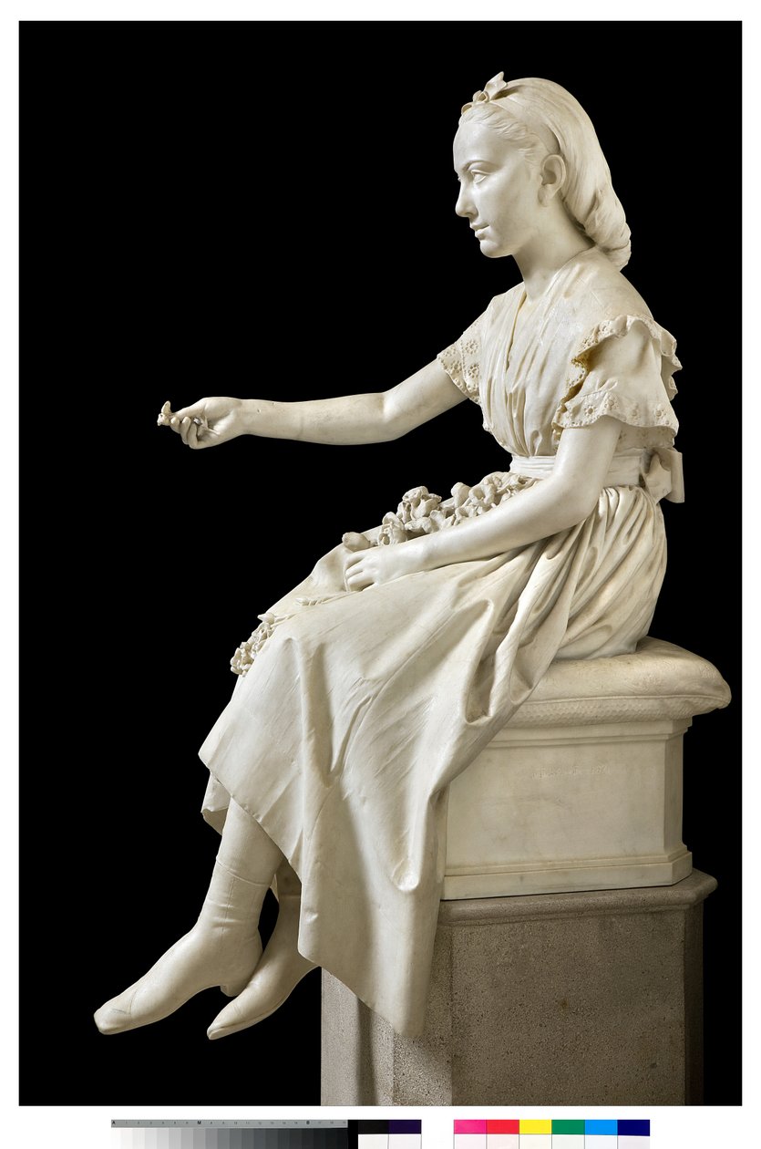 Portret van Markiezin Virginia Busti Porro als jong meisje of jonge dame die een bloem aanbiedt door Vincenzo Vela