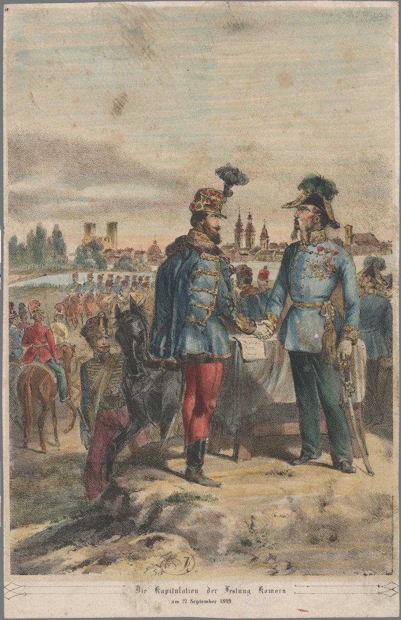 Generaal György Klapka geeft de vesting Komárom over aan veldmaarschalk Jacob Julius von Haynau op 2 oktober 1849 door Vinzenz Katzler