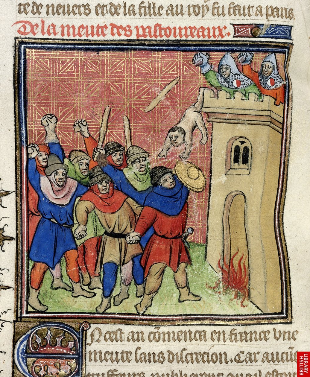 Detail van een miniatuur van de Derde Kruistocht van Pastoureaux. Joden die hun kinderen van een toren gooien, na 1380 door Virgil Master