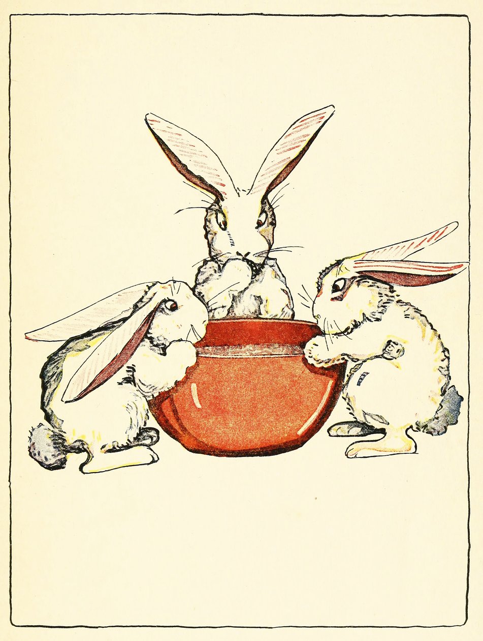 Flopsy, Mopsy en Cotton-Tail hadden brood en melk en bramen voor het avondeten, uit Het Verhaal van Peter Rabbit, pub. 1916 (kleur litho) door Virginia Albert