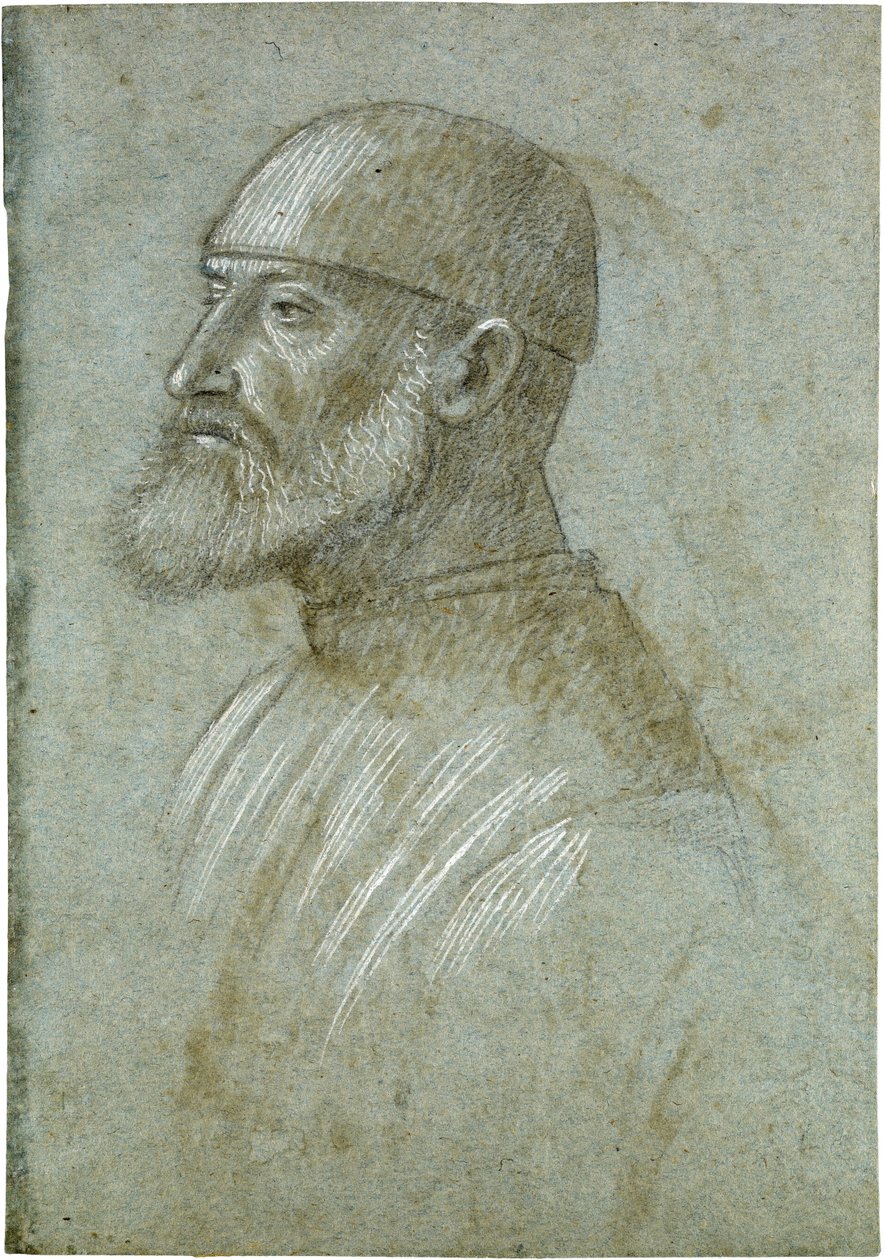 Hoofd van een bebaarde man met een pet, in profiel naar links door Vittore Carpaccio