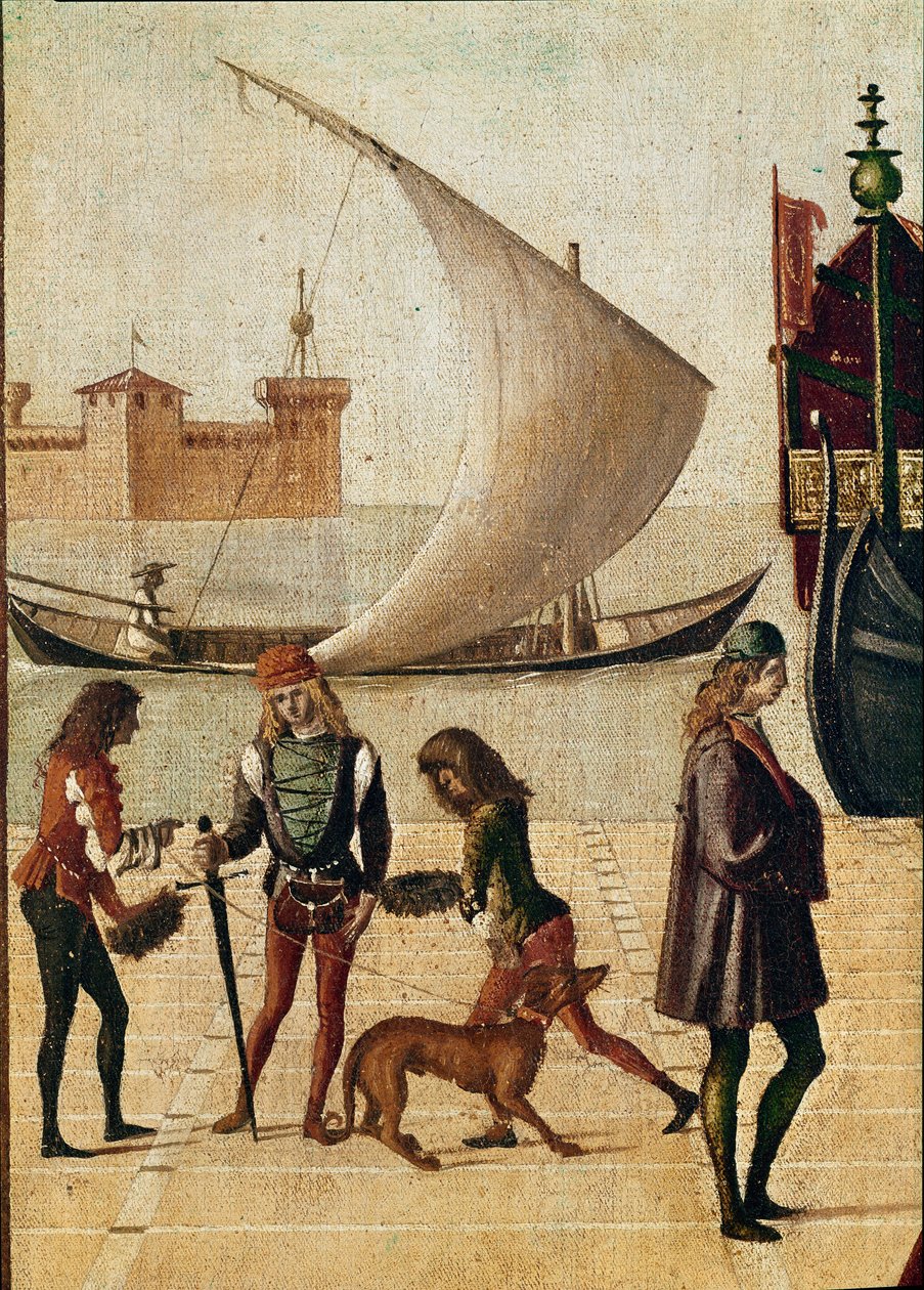 Legende van Sint Ursula: (detail) aankomst van de ambassadeurs door Vittore Carpaccio