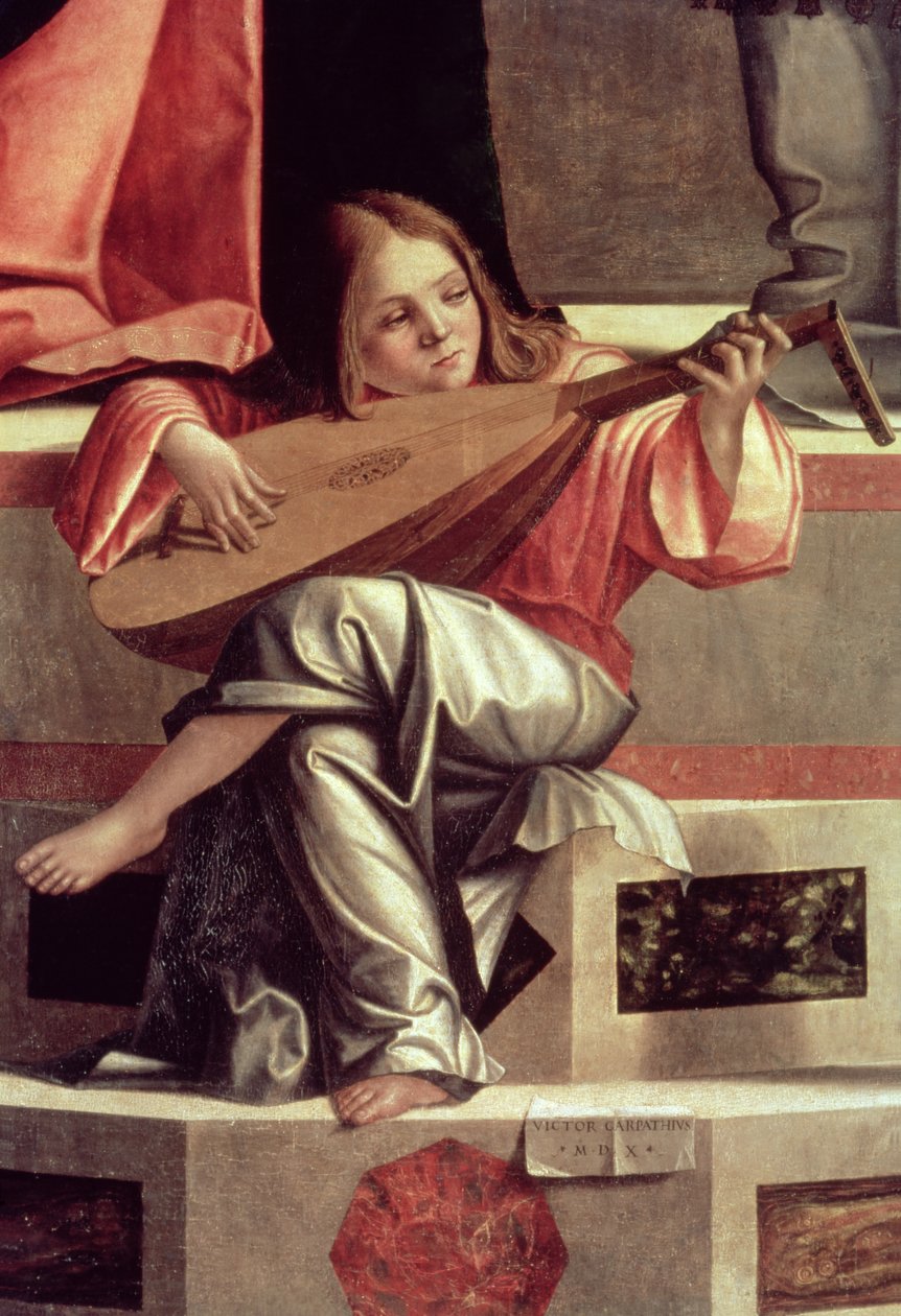 Minstreel engel die een luit speelt (detail) door Vittore Carpaccio