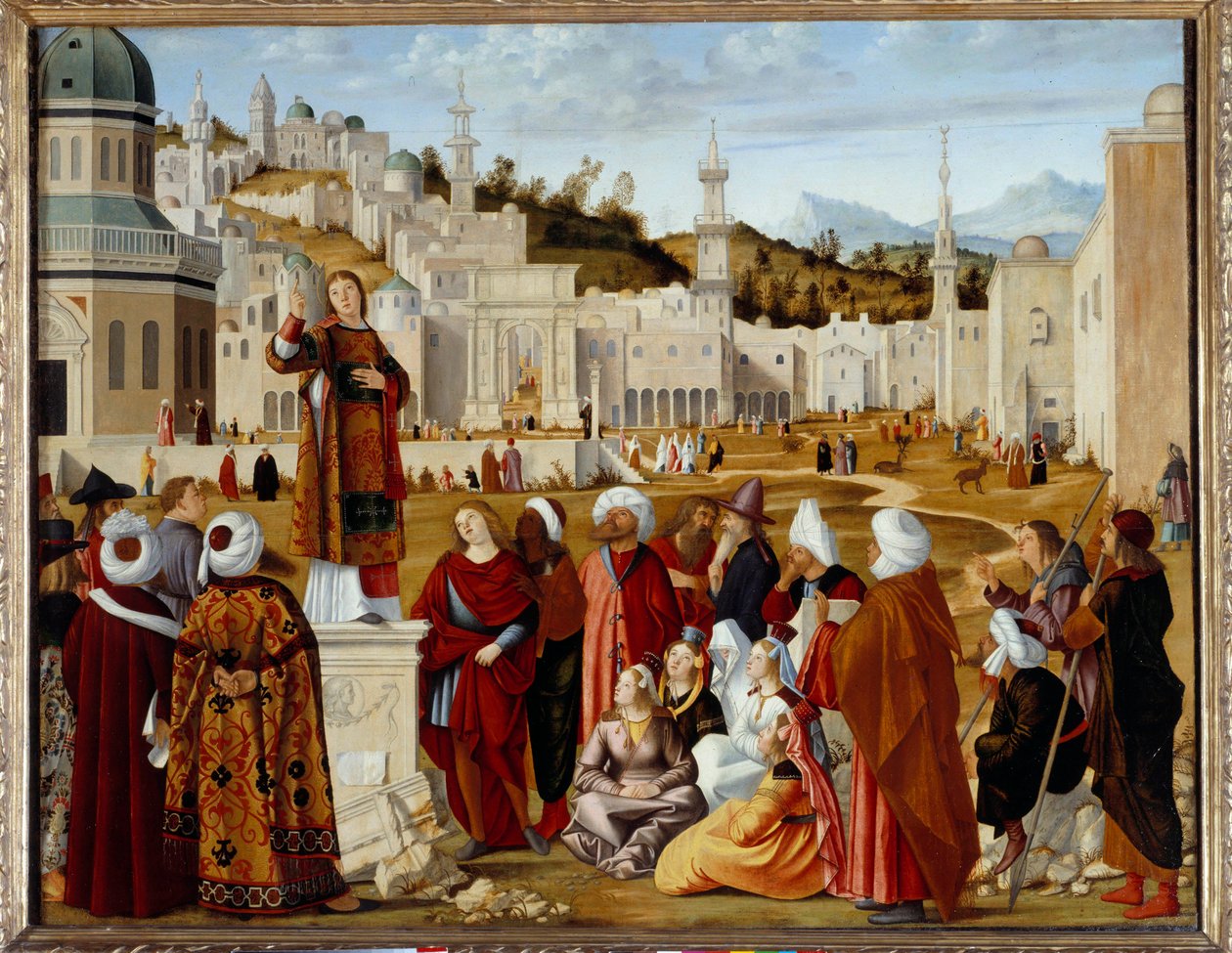 De voorspelling van St. Stefanus in Jeruzalem Schilderij deel van een serie uitgevoerd voor de kapel van de Scuola di Santo Stefano in Venetië. Schilderij door Vittore Carpaccio (1450/54-1525/26) door Vittore Carpaccio