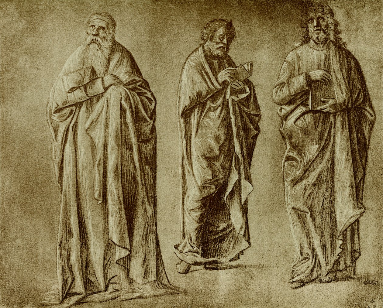 Drie figuurstudies voor heiligen door Vittore Carpaccio