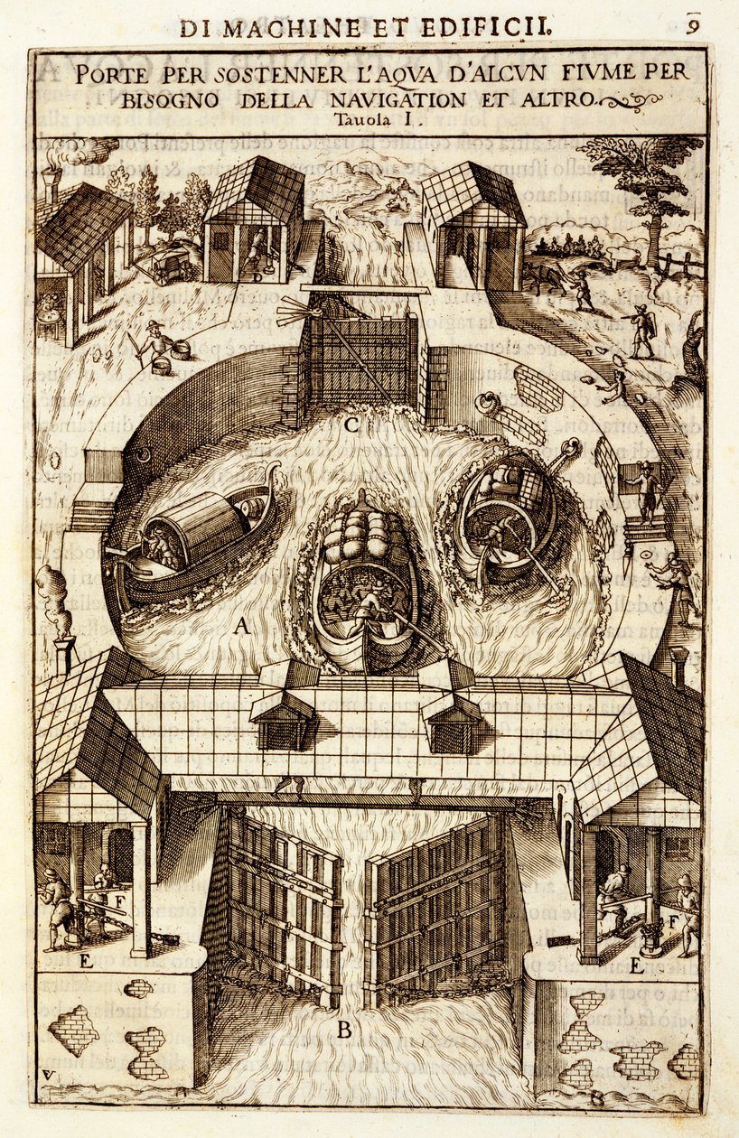 Hydraulische machine voor een kanaal of rivier sluis, 1607 door Vittorio Zonca