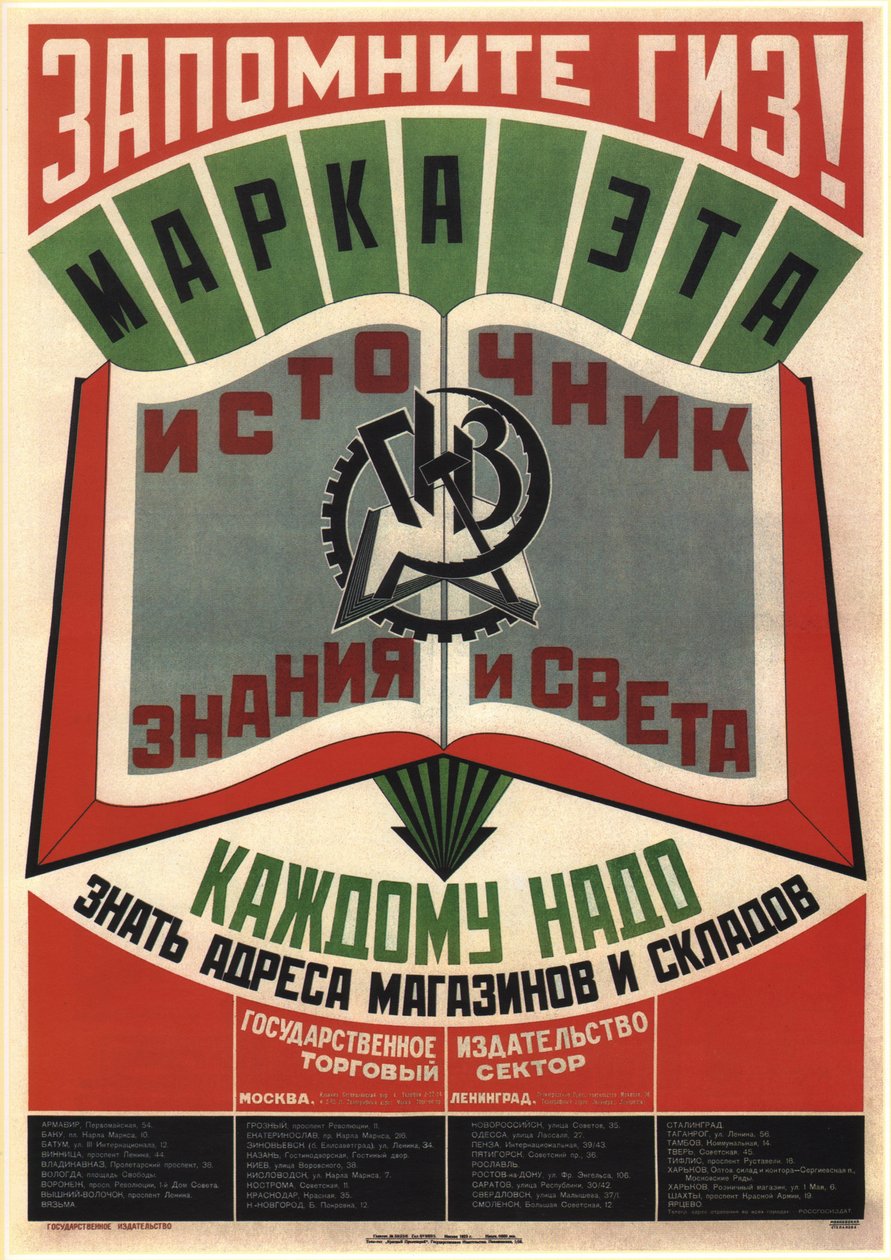 Herinner GIZ Staatsuitgevers. Dit handelsmerk is een bron van kennis en licht, 1925 door Vladimir Mayakovsky