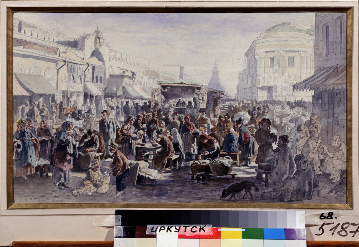 De vlooienmarkt in Moskou (Rusland). Straatscène met mensen in vuile en versleten kleding, sommigen eten aan tafels voor een kraam, anderen bekijken de aangeboden goederen. door Vladimir Yegorovich Makovski