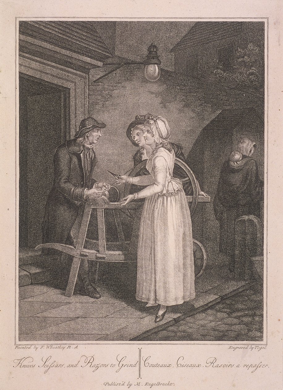 Messen, scharen en scheermessen om te slijpen, Cries of London, ca. 1795 door Vogel