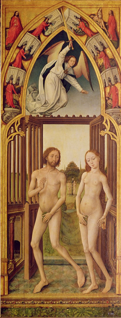 Verlossing Drieluik; rechter paneel met de verdrijving van Adam en Eva uit het Paradijs, ca. 1460 (detail) door Vrancke van der Stockt