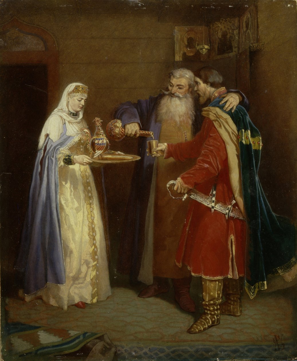 Boyar verwelkomt prins Serebrenni die Boyar Morozov bezoekt, 1865 door Vyacheslav Grigoryevich Schwarz