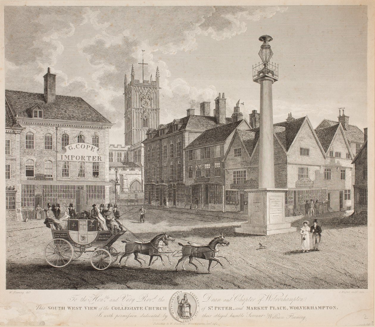 Het zuidwestelijke uitzicht van de collegiale kerk van St. Peter en de markt, Wolverhampton door W. Fleeming