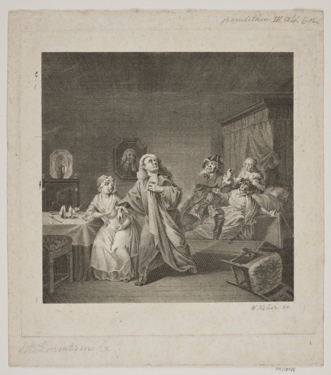 Barselsstuen III. akt 6. scène. Gravure naar Lorenzens Holberg Galleri door WIlhelm Heuer