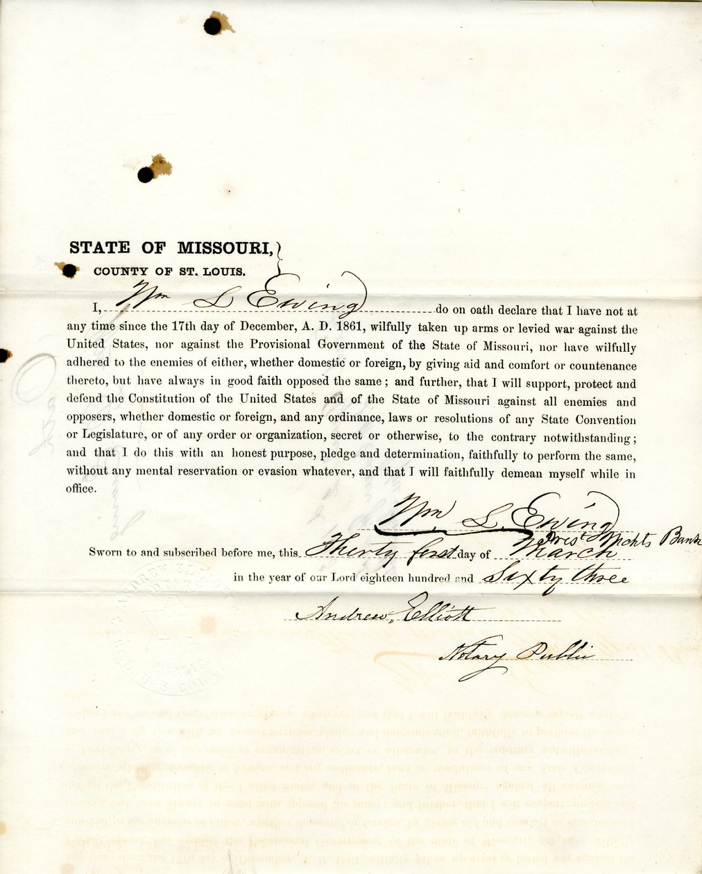 Loyaliteitseed van Wm. L. Ewing uit Missouri, County of St. Louis door W.L. Ewing