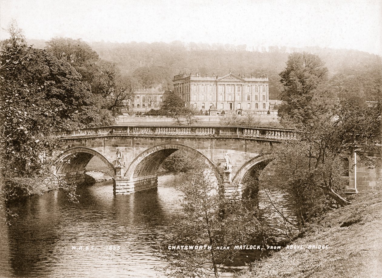 Chatsworth House en de brug over de rivier Derwent, Derbyshire, 1853 door WR and S