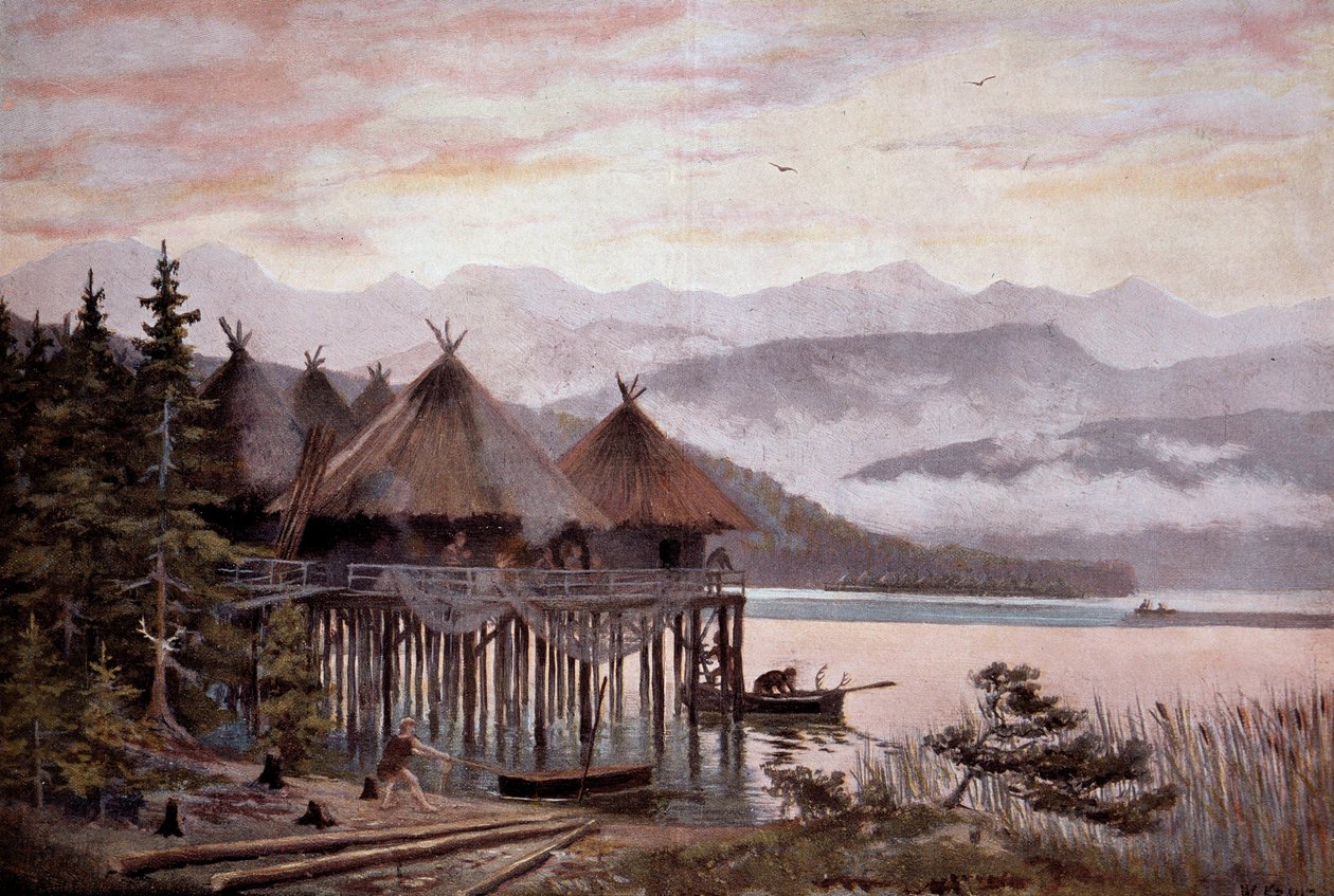 Prehistorie: dorp gebouwd op palen aan de oevers van het Meer van Zürich in het stenen tijdperk. Meer dorp, Prehistorisch meer stad. Naar een schilderij van W. Kranz 20e eeuw door W. (after) Kranz