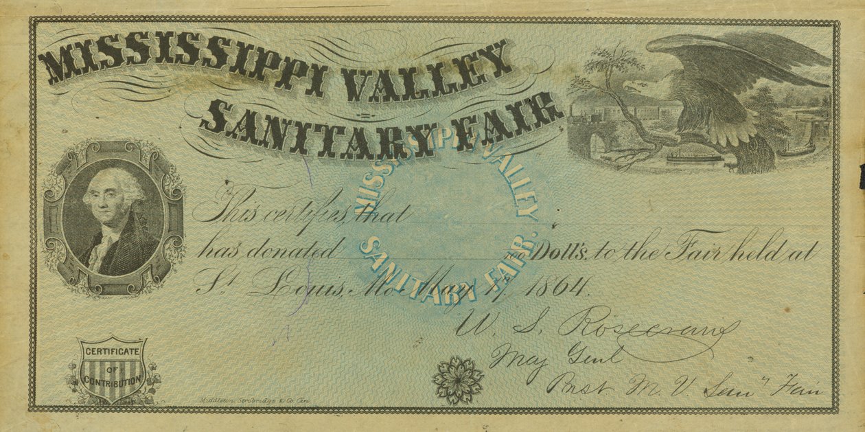 Leeg geïllustreerd certificaat van bijdrage voor donaties gedaan op de Mississippi Valley Sanitary Fair, 7 mei 1864 door W. A. Rosecrans