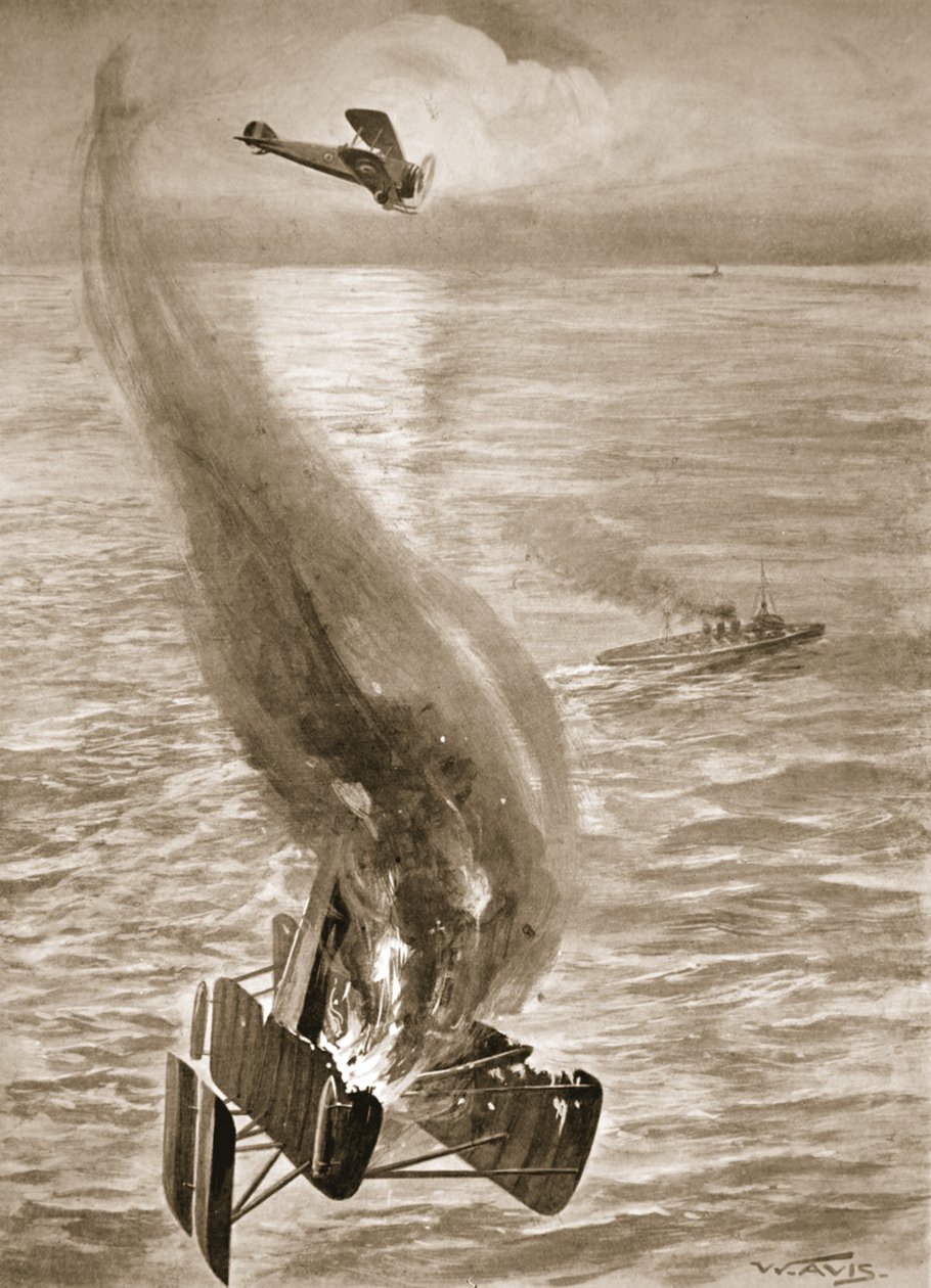De vernietiging van een Duitse watervliegtuig door Flight-Sub-Lieutenant Ince voor de Belgische kust door W. Avis
