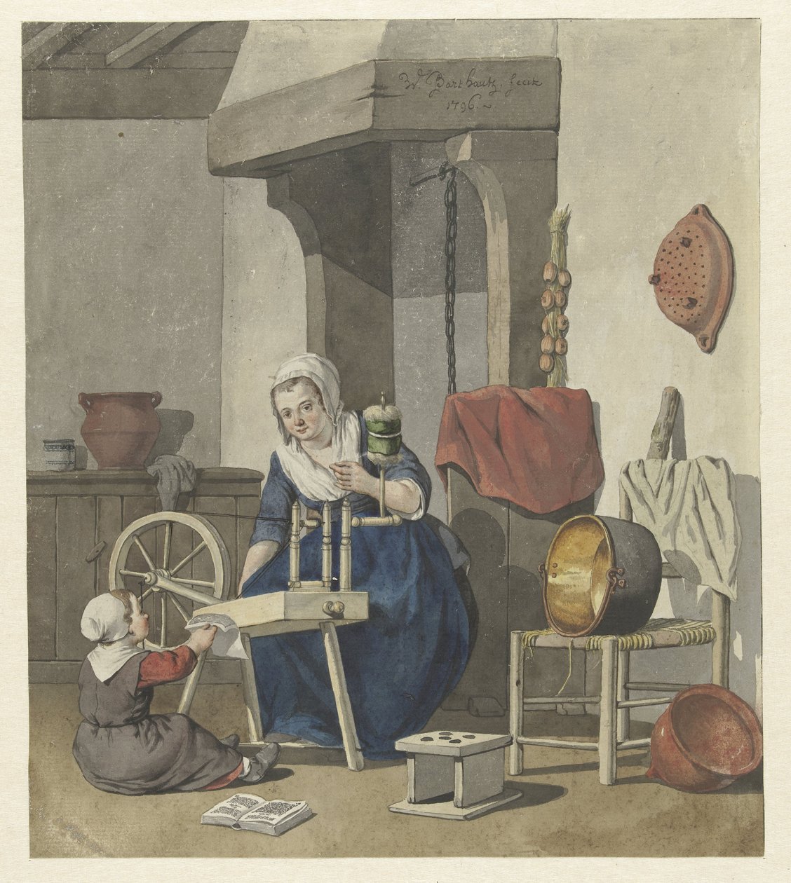 Interieur met een spinnende vrouw met een kind door W. Barthautz
