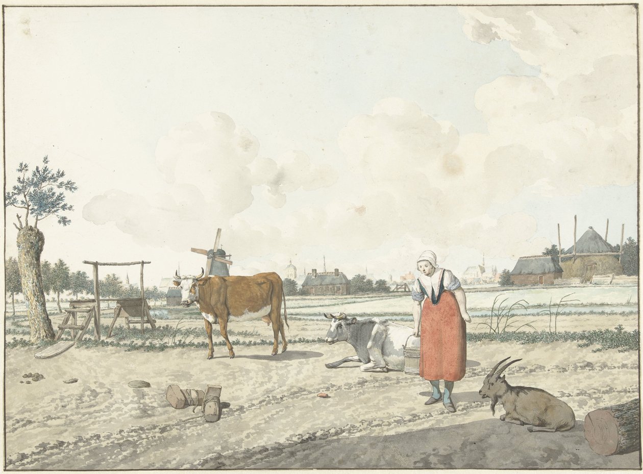 Landschap met boerin en vee door W. Barthautz