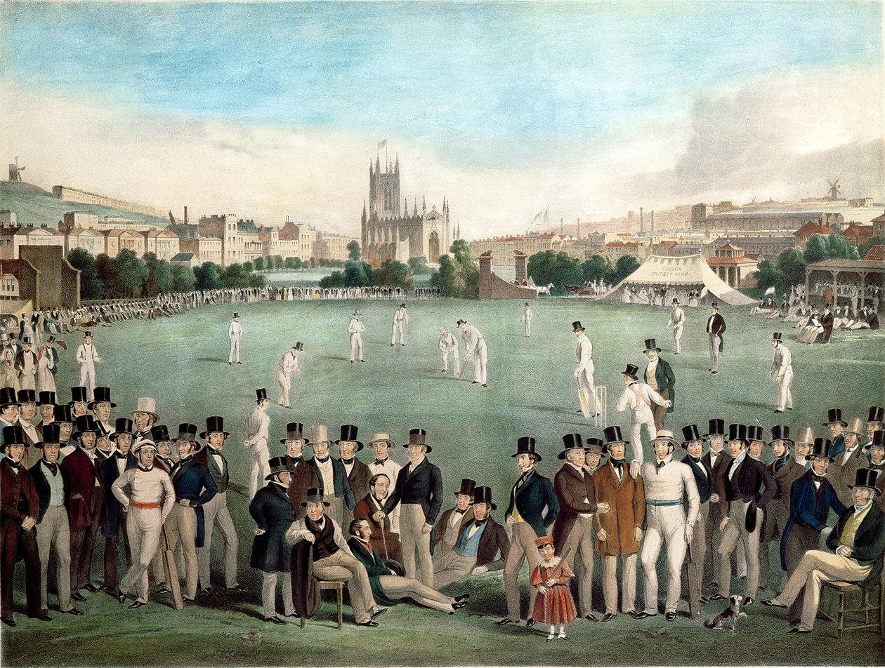 Een cricketwedstrijd tussen Sussex & Kent in 1840, uitgegeven door S. Lipschitz, Londen, c.1849 (gekleurde gravure) door W. and Basebe Charles (after) Drummond
