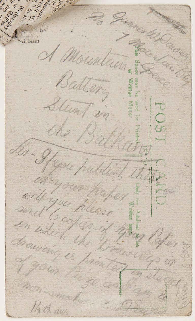 Ansichtkaart aan de redacteur van de Liverpool Weekly Courier, 14 augustus 1918 door W. Dawson