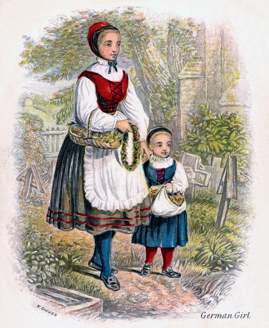 Twee Duitse meisjes met manden bloemen, 1809 door W. Dickes