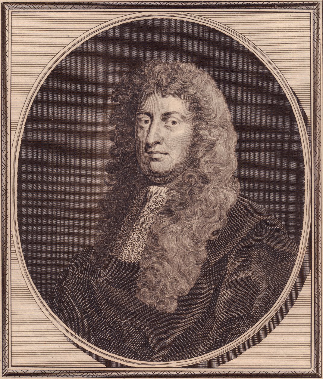 Portret van Engelse politicus William Russell, Lord Russell (1639-1683), kopergravure door John Goldar naar schilderij van G Kneller door John Ward Dunsmore