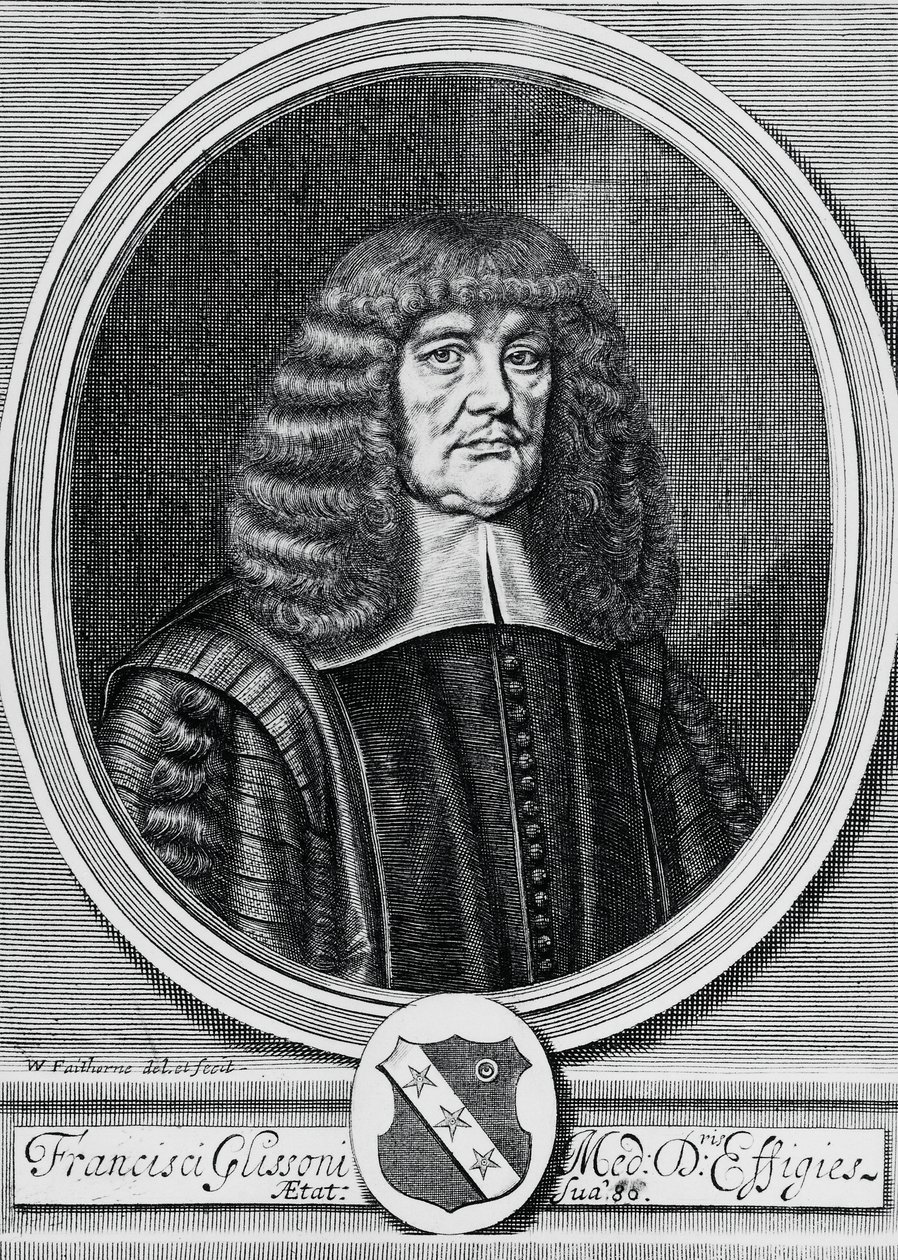 Portret van Francis Glisson (1597-1677), Britse natuurkundige, anatoom en arts, gravure door John Ward Dunsmore