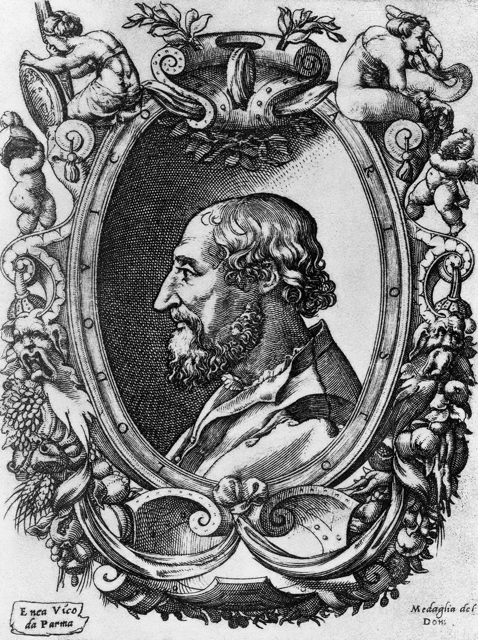 Portret van Ludovico Ariosto (1474-1533), Italiaanse dichter en toneelschrijver, Medaglie del Doni, gravure door Enea Vico door John Ward Dunsmore