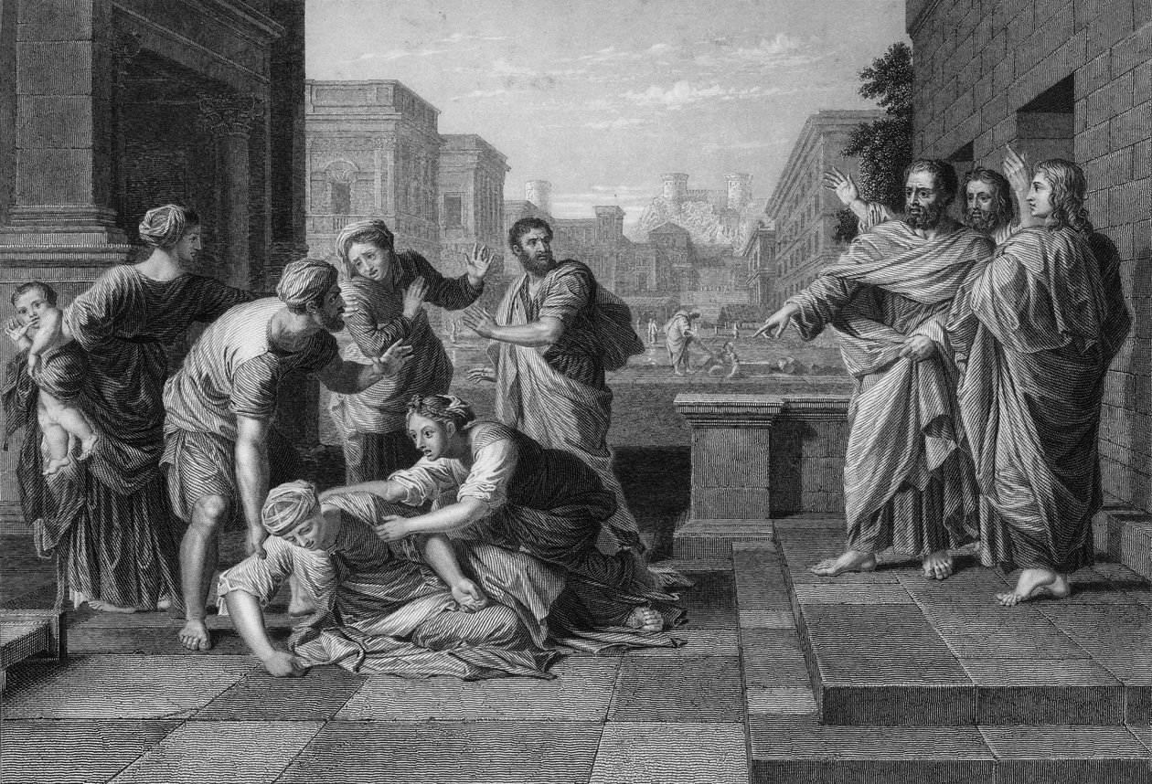 Toen viel ze meteen aan zijn voeten neer en gaf de geest, 19e eeuw door W. Holl