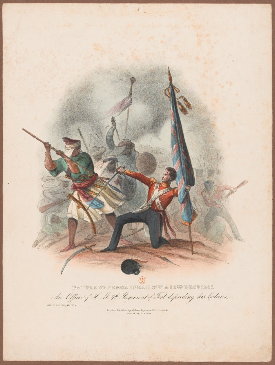 Slag bij Ferozeshah, 21 en 22 december 1845. Een officier van het 9e regiment verdedigt zijn kleuren door W. Kohler