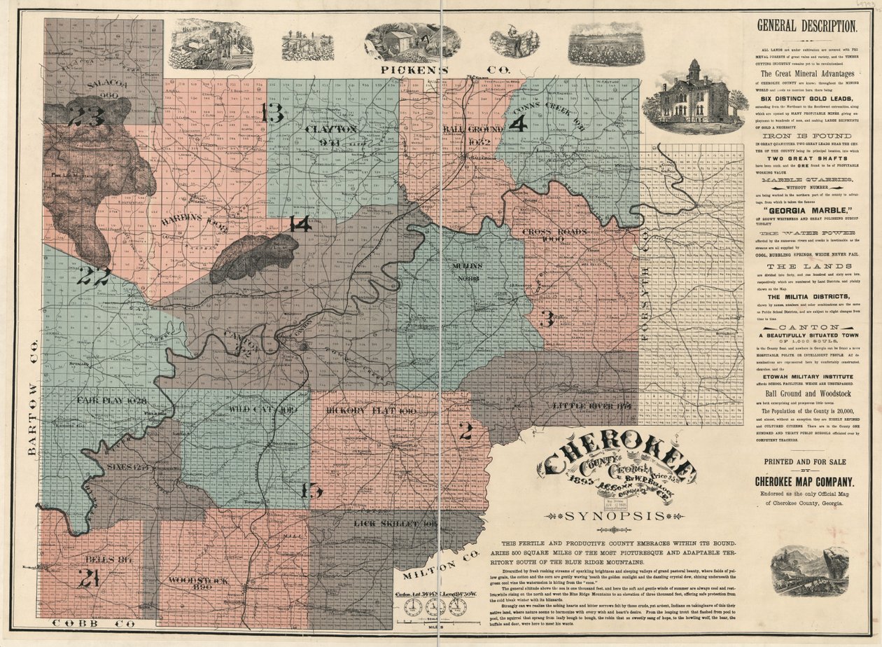Engels:  Toont de perceels-/bloknummers en de namen van de bewoners. Ondertekend als de enige officiële kaart van Cherokee County. Twee bladen samengevoegd tot 1, gemonteerd op doek. LC Land ownership maps, 87 Bevat tekst en ill. Ook verkrijgbaar via de Li door W. P. Bullock