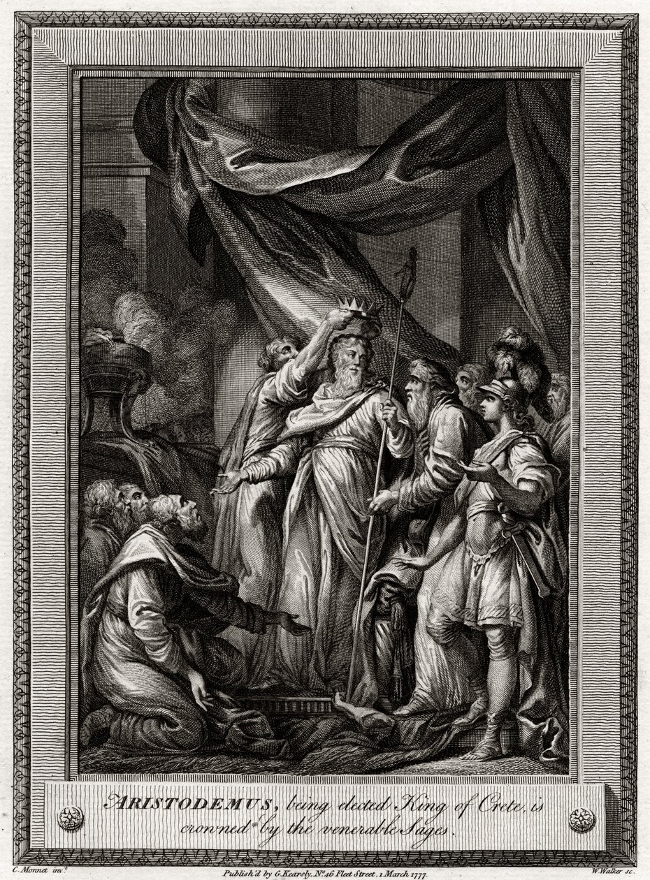 Aristodemus, gekozen tot Koning van Kreta, wordt gekroond door de eerbiedwaardige Wijzen, 1777 door W. Walker