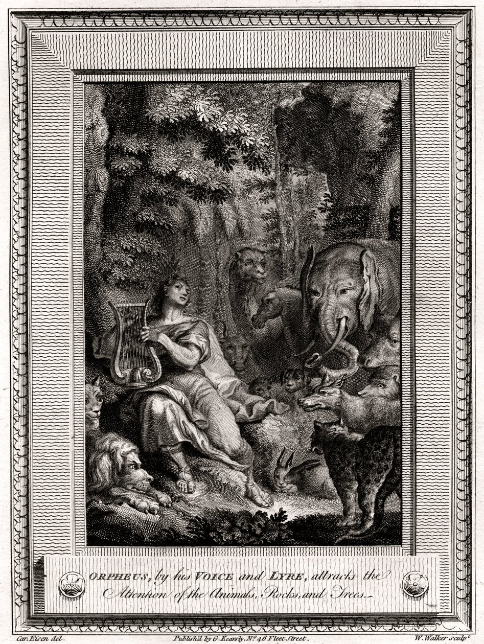 Orpheus, door zijn stem en lier, trekt de aandacht van de dieren, rotsen en bomen, 1774 door W. Walker